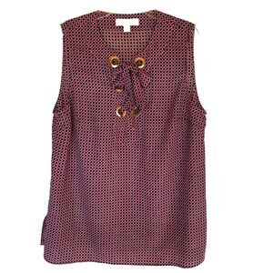 Michael Kors Top Blouse Large Sleeveless Pink Blk Print Tunic Tank  Front Tie